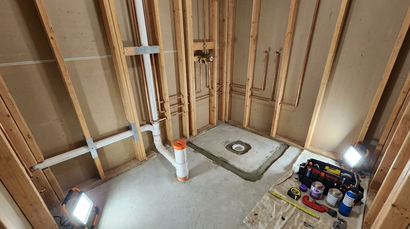 Bathroom rough-in plumbing during remodel by Johns Plumbing LLC in Manheim