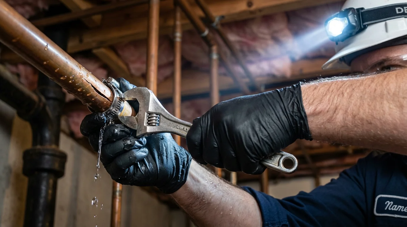 Emergency pipe clamp repair being performed by a Johns Plumbing LLC plumber in Manheim