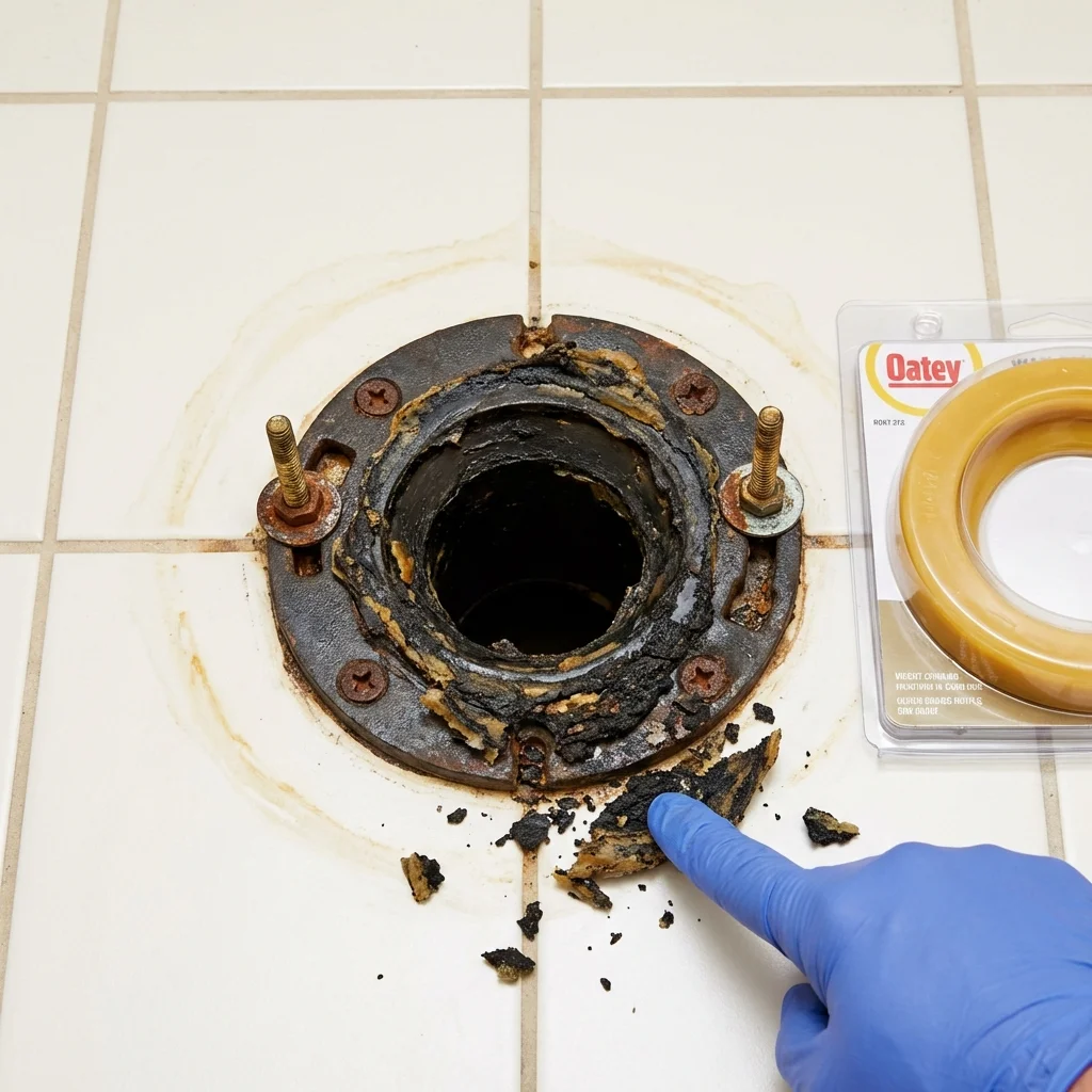 Failed wax ring showing water seepage at the base of a toilet in a Manheim, PA home