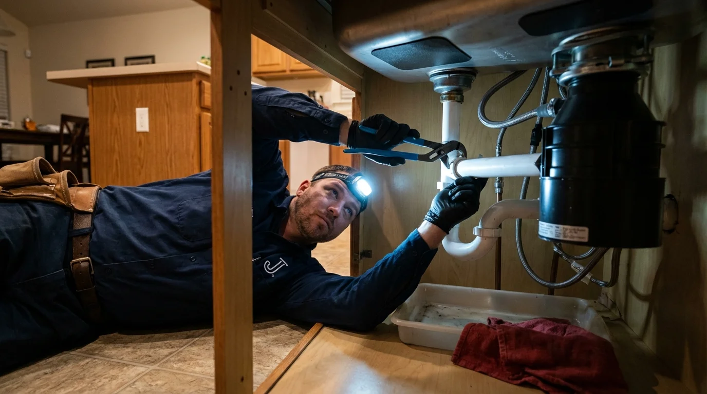 P-trap and supply line connections under a kitchen sink showing a common leak point in Manheim, PA